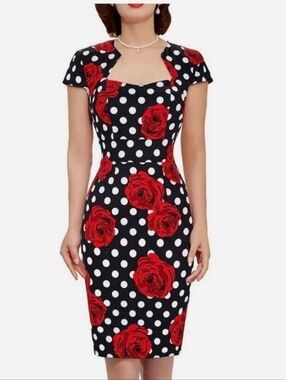 Grace Karin Black Polka Dot Dress with Red Rose Print - Size Medium